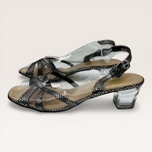 Black Metallic Pattern Slingback Sandals with Clear Block Heel